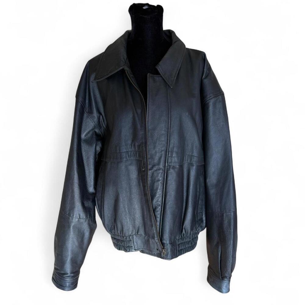 Vintage men’s black leather bomber style jacket - Picture 2 of 8